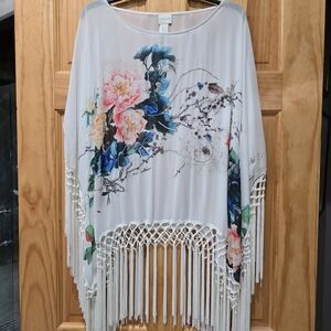 Chico's White Floral Fringe Blouse